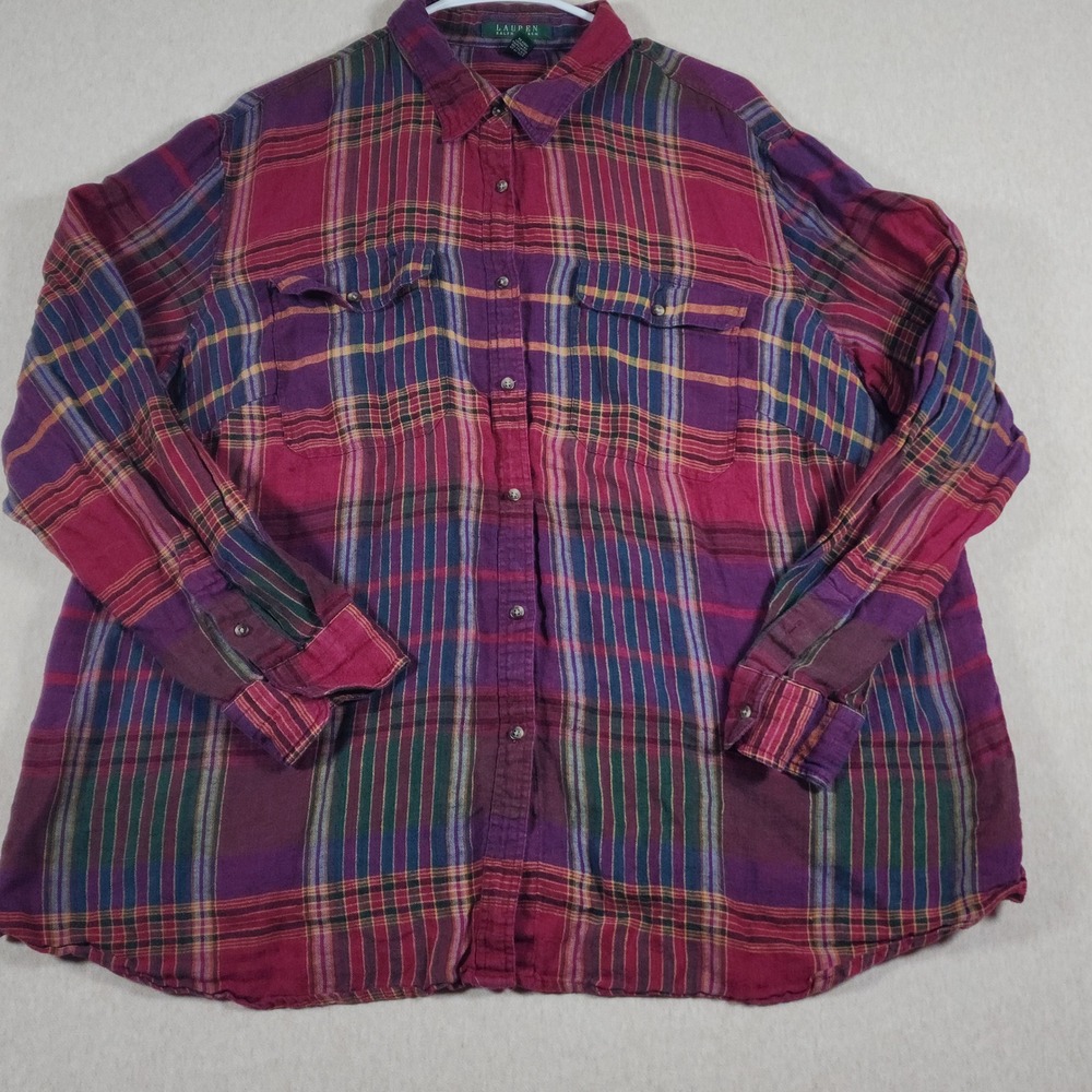 Lauren Ralph Lauren Plaid Linen Button Down Shirt 2XL Purple Red Dark Academia